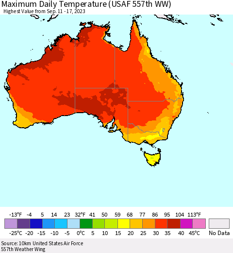 Australia Maximum Daily Temperature (USAF 557th WW) Thematic Map For 9/11/2023 - 9/17/2023
