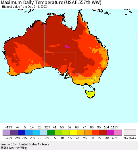 Australia Maximum Daily Temperature (USAF 557th WW) Thematic Map For 10/2/2023 - 10/8/2023