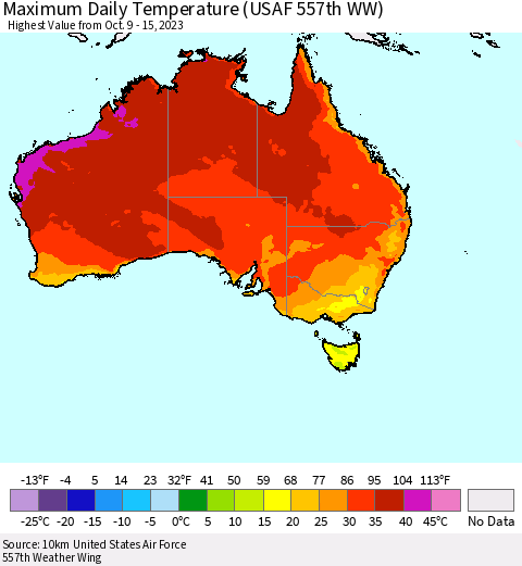 Australia Maximum Daily Temperature (USAF 557th WW) Thematic Map For 10/9/2023 - 10/15/2023