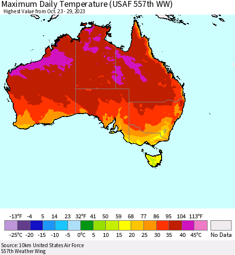 Australia Maximum Daily Temperature (USAF 557th WW) Thematic Map For 10/23/2023 - 10/29/2023