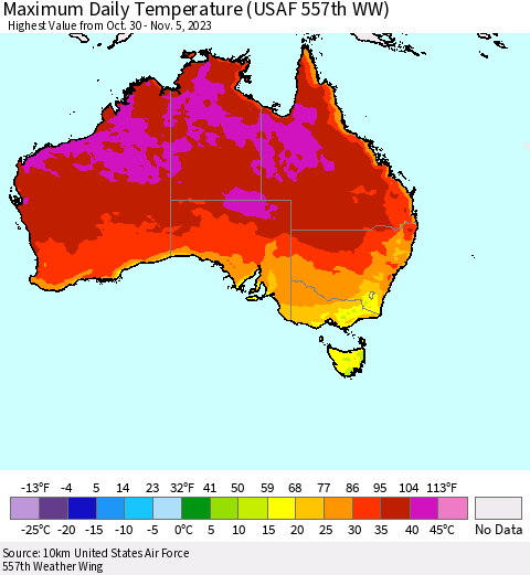 Australia Maximum Daily Temperature (USAF 557th WW) Thematic Map For 10/30/2023 - 11/5/2023