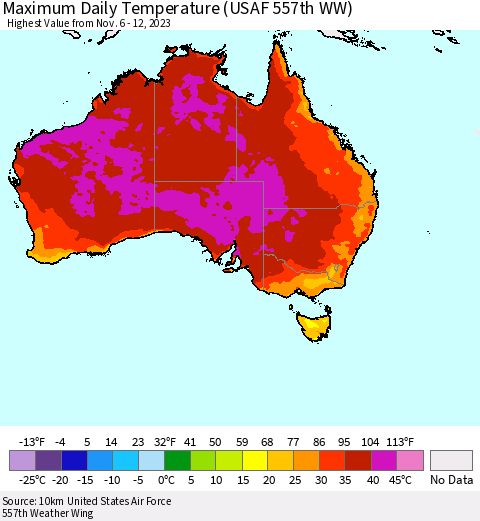 Australia Maximum Daily Temperature (USAF 557th WW) Thematic Map For 11/6/2023 - 11/12/2023