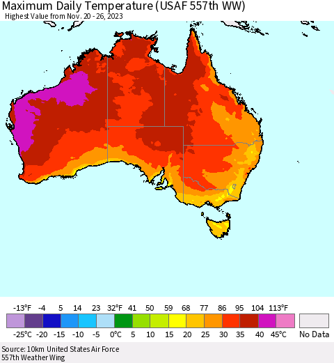 Australia Maximum Daily Temperature (USAF 557th WW) Thematic Map For 11/20/2023 - 11/26/2023