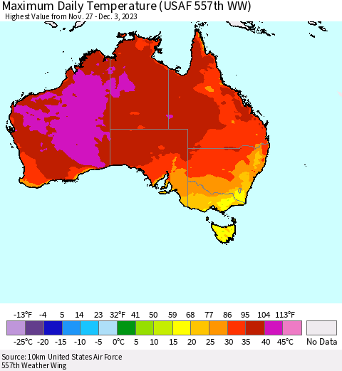 Australia Maximum Daily Temperature (USAF 557th WW) Thematic Map For 11/27/2023 - 12/3/2023