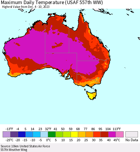 Australia Maximum Daily Temperature (USAF 557th WW) Thematic Map For 12/4/2023 - 12/10/2023