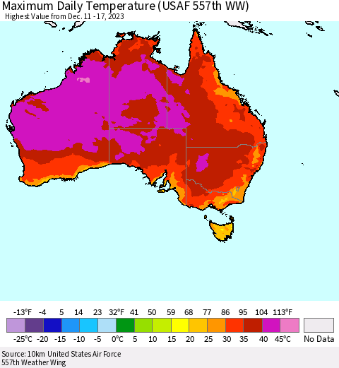 Australia Maximum Daily Temperature (USAF 557th WW) Thematic Map For 12/11/2023 - 12/17/2023