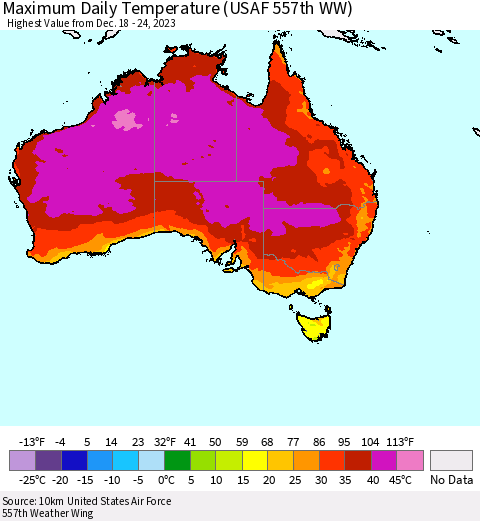Australia Maximum Daily Temperature (USAF 557th WW) Thematic Map For 12/18/2023 - 12/24/2023