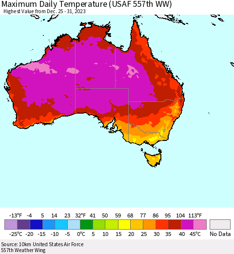 Australia Maximum Daily Temperature (USAF 557th WW) Thematic Map For 12/25/2023 - 12/31/2023