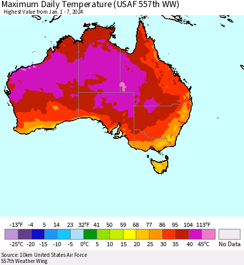 Australia Maximum Daily Temperature (USAF 557th WW) Thematic Map For 1/1/2024 - 1/7/2024