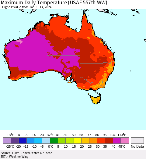 Australia Maximum Daily Temperature (USAF 557th WW) Thematic Map For 1/8/2024 - 1/14/2024