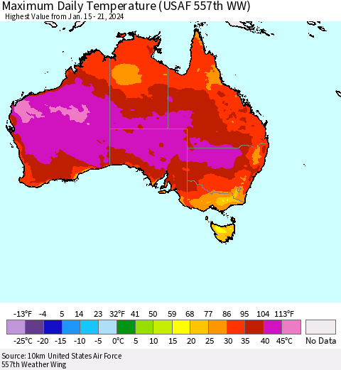 Australia Maximum Daily Temperature (USAF 557th WW) Thematic Map For 1/15/2024 - 1/21/2024