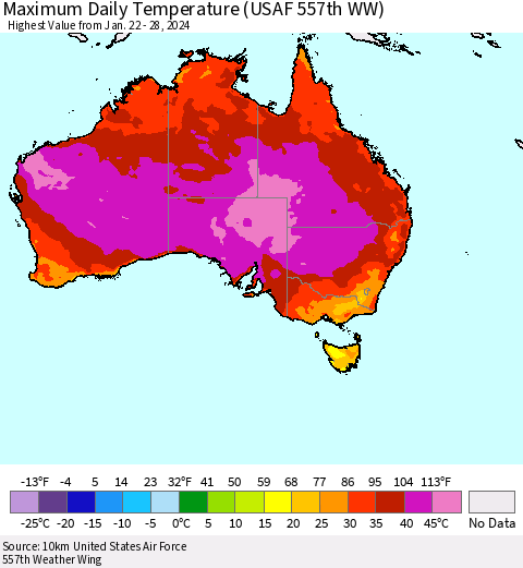 Australia Maximum Daily Temperature (USAF 557th WW) Thematic Map For 1/22/2024 - 1/28/2024