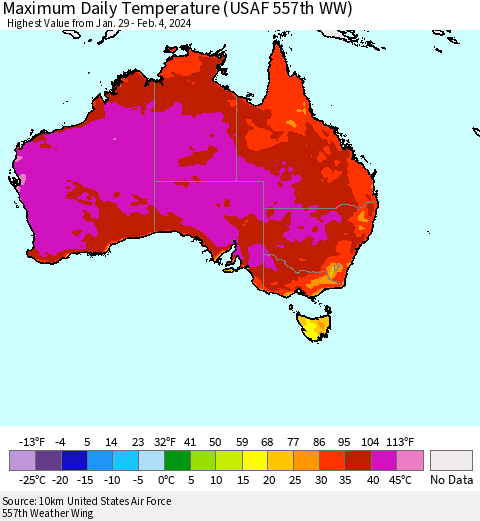 Australia Maximum Daily Temperature (USAF 557th WW) Thematic Map For 1/29/2024 - 2/4/2024
