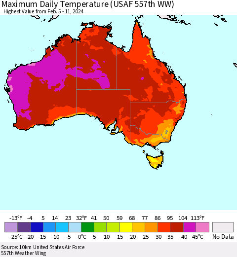 Australia Maximum Daily Temperature (USAF 557th WW) Thematic Map For 2/5/2024 - 2/11/2024