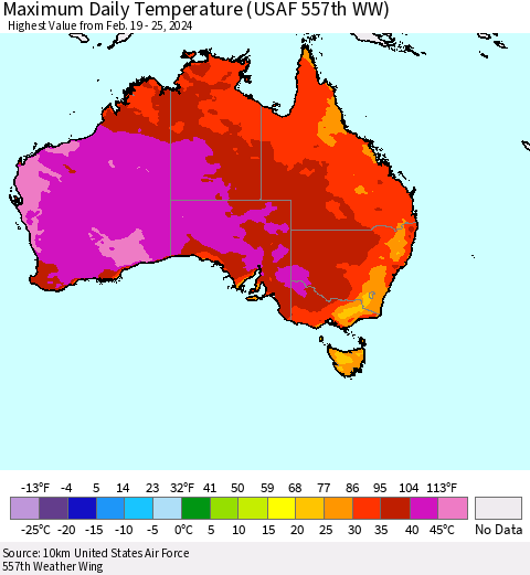 Australia Maximum Daily Temperature (USAF 557th WW) Thematic Map For 2/19/2024 - 2/25/2024