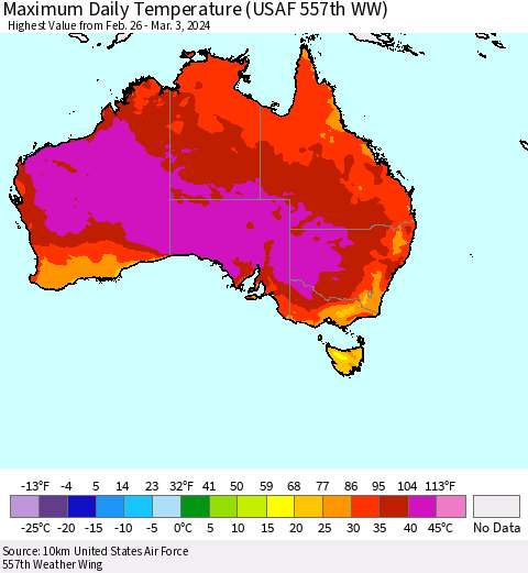 Australia Maximum Daily Temperature (USAF 557th WW) Thematic Map For 2/26/2024 - 3/3/2024