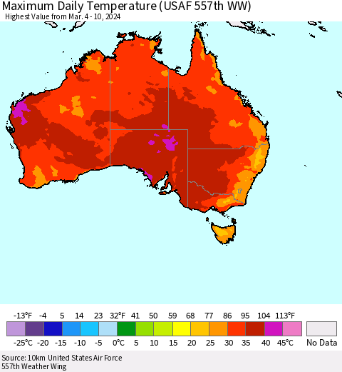 Australia Maximum Daily Temperature (USAF 557th WW) Thematic Map For 3/4/2024 - 3/10/2024
