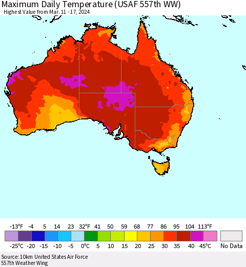 Australia Maximum Daily Temperature (USAF 557th WW) Thematic Map For 3/11/2024 - 3/17/2024