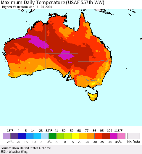 Australia Maximum Daily Temperature (USAF 557th WW) Thematic Map For 3/18/2024 - 3/24/2024