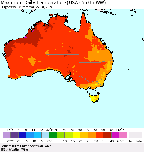 Australia Maximum Daily Temperature (USAF 557th WW) Thematic Map For 3/25/2024 - 3/31/2024