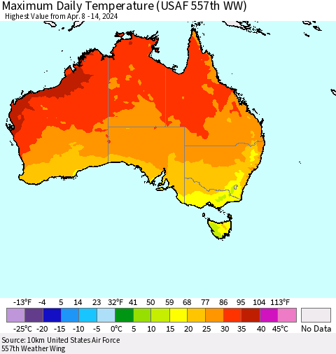 Australia Maximum Daily Temperature (USAF 557th WW) Thematic Map For 4/8/2024 - 4/14/2024