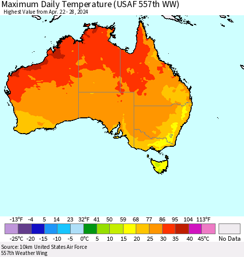 Australia Maximum Daily Temperature (USAF 557th WW) Thematic Map For 4/22/2024 - 4/28/2024