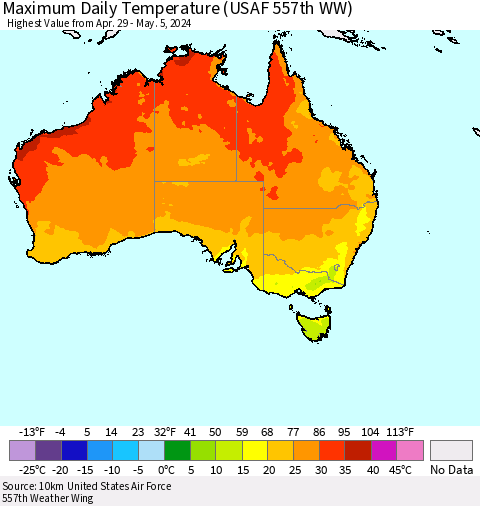 Australia Maximum Daily Temperature (USAF 557th WW) Thematic Map For 4/29/2024 - 5/5/2024