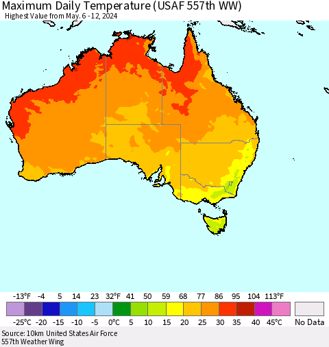 Australia Maximum Daily Temperature (USAF 557th WW) Thematic Map For 5/6/2024 - 5/12/2024