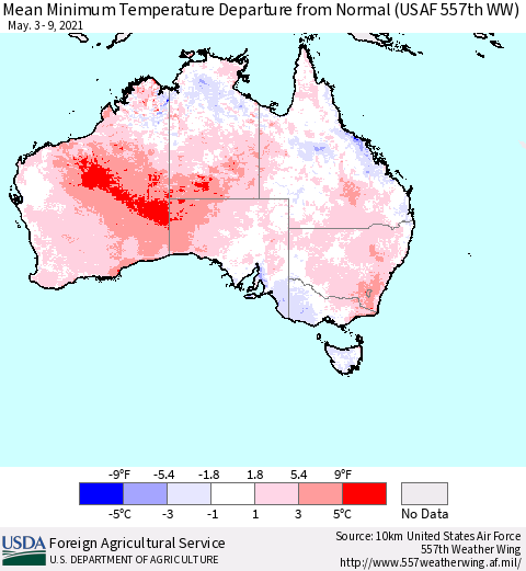 Australia Mean Minimum Temperature Departure from Normal (USAF 557th WW) Thematic Map For 5/3/2021 - 5/9/2021