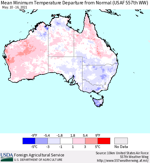 Australia Mean Minimum Temperature Departure from Normal (USAF 557th WW) Thematic Map For 5/10/2021 - 5/16/2021