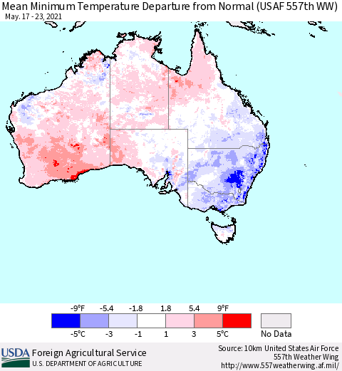 Australia Mean Minimum Temperature Departure from Normal (USAF 557th WW) Thematic Map For 5/17/2021 - 5/23/2021