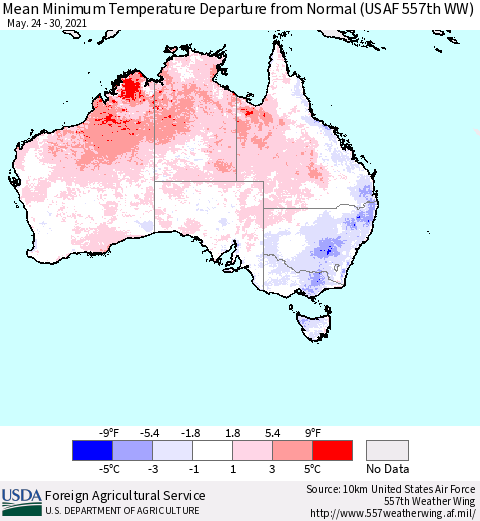 Australia Mean Minimum Temperature Departure from Normal (USAF 557th WW) Thematic Map For 5/24/2021 - 5/30/2021