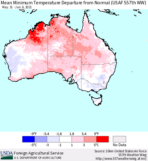 Australia Mean Minimum Temperature Departure from Normal (USAF 557th WW) Thematic Map For 5/31/2021 - 6/6/2021