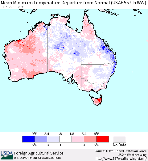 Australia Mean Minimum Temperature Departure from Normal (USAF 557th WW) Thematic Map For 6/7/2021 - 6/13/2021