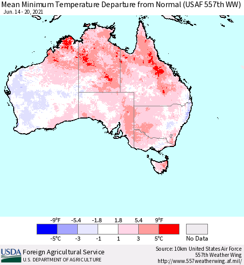 Australia Mean Minimum Temperature Departure from Normal (USAF 557th WW) Thematic Map For 6/14/2021 - 6/20/2021