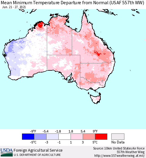 Australia Mean Minimum Temperature Departure from Normal (USAF 557th WW) Thematic Map For 6/21/2021 - 6/27/2021