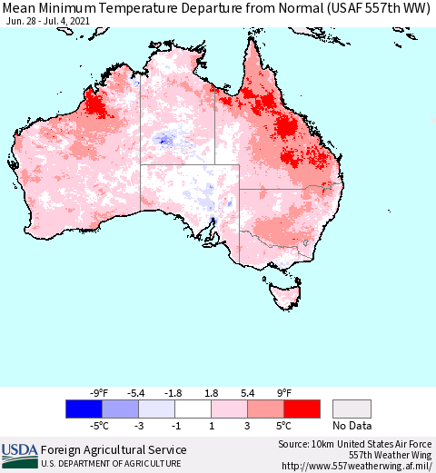 Australia Mean Minimum Temperature Departure from Normal (USAF 557th WW) Thematic Map For 6/28/2021 - 7/4/2021