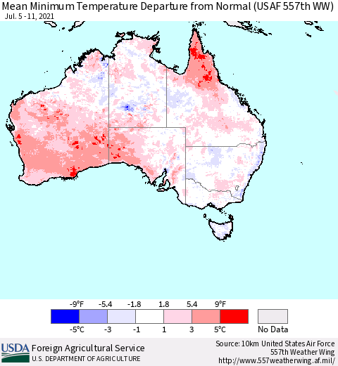 Australia Mean Minimum Temperature Departure from Normal (USAF 557th WW) Thematic Map For 7/5/2021 - 7/11/2021