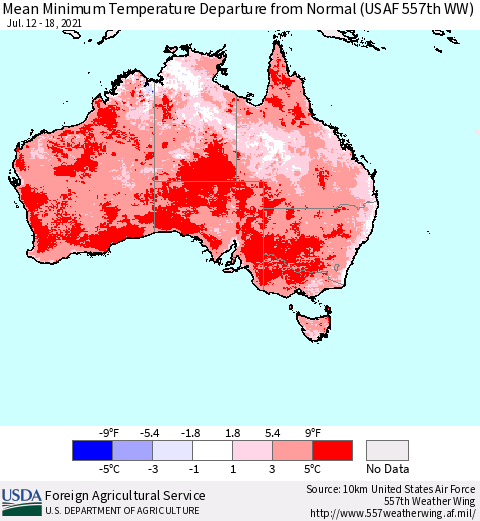 Australia Mean Minimum Temperature Departure from Normal (USAF 557th WW) Thematic Map For 7/12/2021 - 7/18/2021