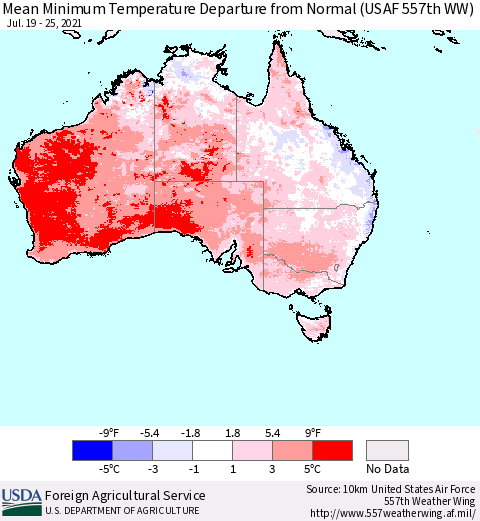 Australia Mean Minimum Temperature Departure from Normal (USAF 557th WW) Thematic Map For 7/19/2021 - 7/25/2021