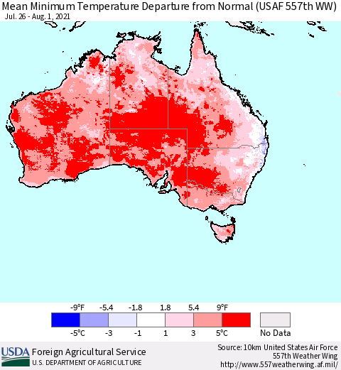 Australia Mean Minimum Temperature Departure from Normal (USAF 557th WW) Thematic Map For 7/26/2021 - 8/1/2021