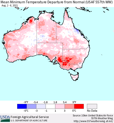 Australia Mean Minimum Temperature Departure from Normal (USAF 557th WW) Thematic Map For 8/2/2021 - 8/8/2021