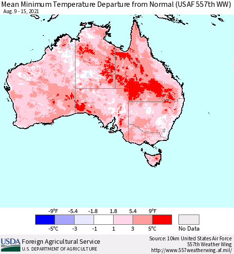 Australia Mean Minimum Temperature Departure from Normal (USAF 557th WW) Thematic Map For 8/9/2021 - 8/15/2021
