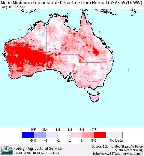 Australia Mean Minimum Temperature Departure from Normal (USAF 557th WW) Thematic Map For 8/16/2021 - 8/22/2021