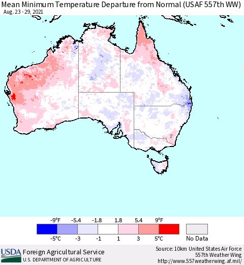 Australia Mean Minimum Temperature Departure from Normal (USAF 557th WW) Thematic Map For 8/23/2021 - 8/29/2021