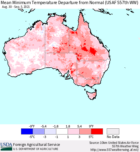 Australia Mean Minimum Temperature Departure from Normal (USAF 557th WW) Thematic Map For 8/30/2021 - 9/5/2021