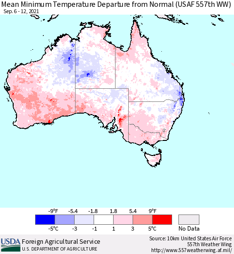 Australia Mean Minimum Temperature Departure from Normal (USAF 557th WW) Thematic Map For 9/6/2021 - 9/12/2021