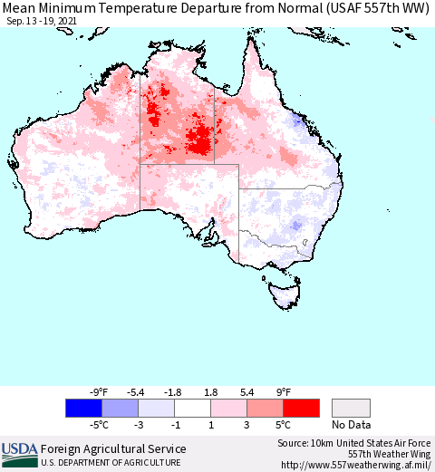 Australia Mean Minimum Temperature Departure from Normal (USAF 557th WW) Thematic Map For 9/13/2021 - 9/19/2021