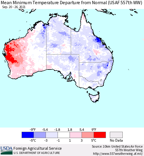 Australia Mean Minimum Temperature Departure from Normal (USAF 557th WW) Thematic Map For 9/20/2021 - 9/26/2021