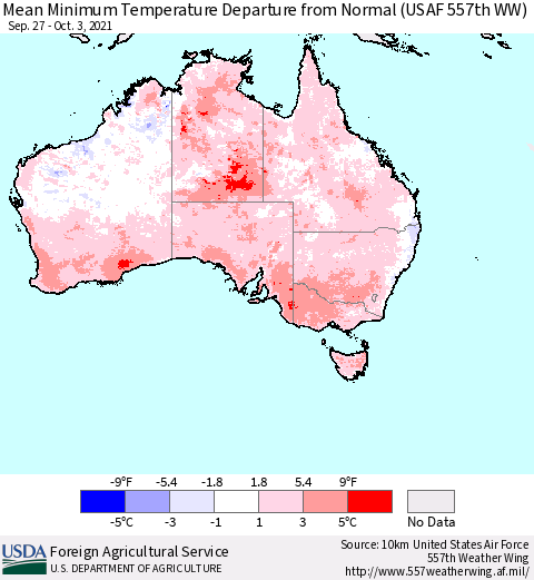 Australia Mean Minimum Temperature Departure from Normal (USAF 557th WW) Thematic Map For 9/27/2021 - 10/3/2021
